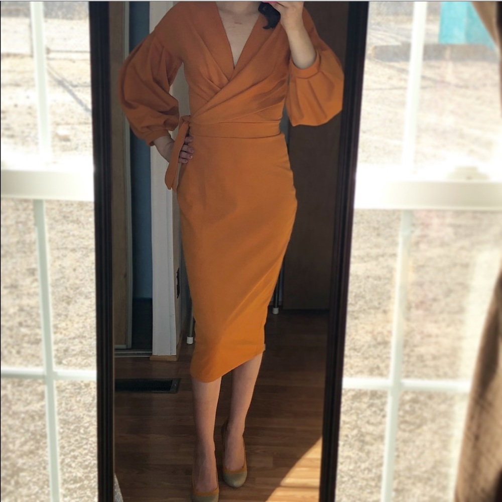 Boohoo “Off the Shoulder” Wrap Midi Bodycon Dress